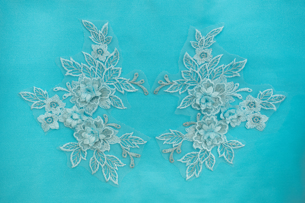 Mia 3D Floral Lace Embroidery Applique CM19x14 Aquamarine Pair