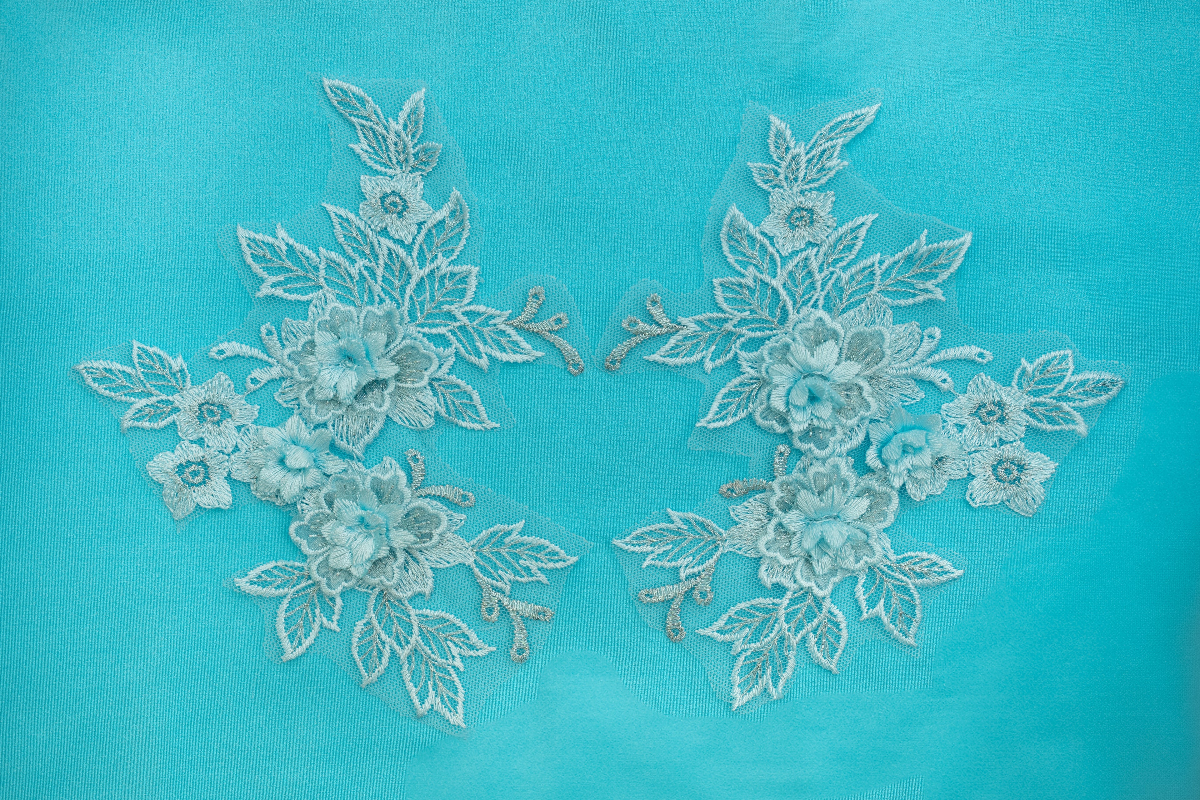 Mia 3D Floral Lace Embroidery Applique CM19x14 Aquamarine Pair
