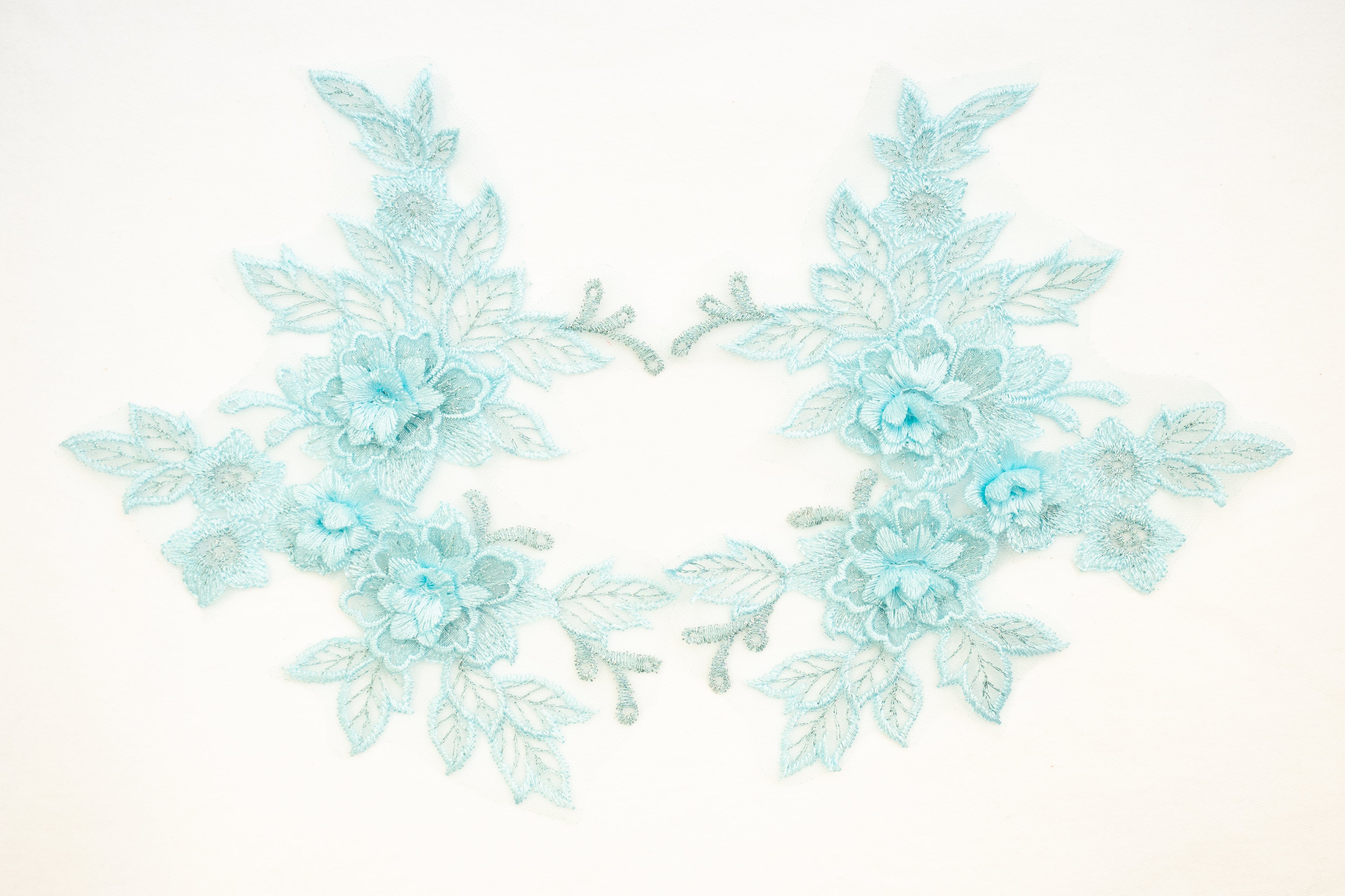 Mia 3D Floral Lace Embroidery Applique CM19x14 Aquamarine Pair