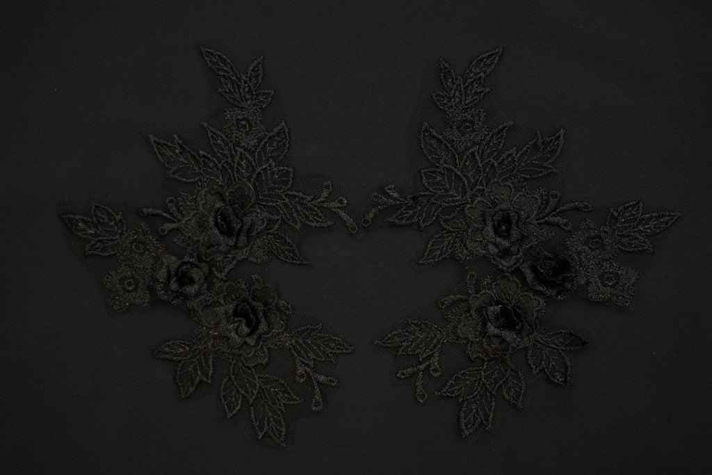Mia 3D Floral Lace Embroidery Applique CM19x14 Black Pair