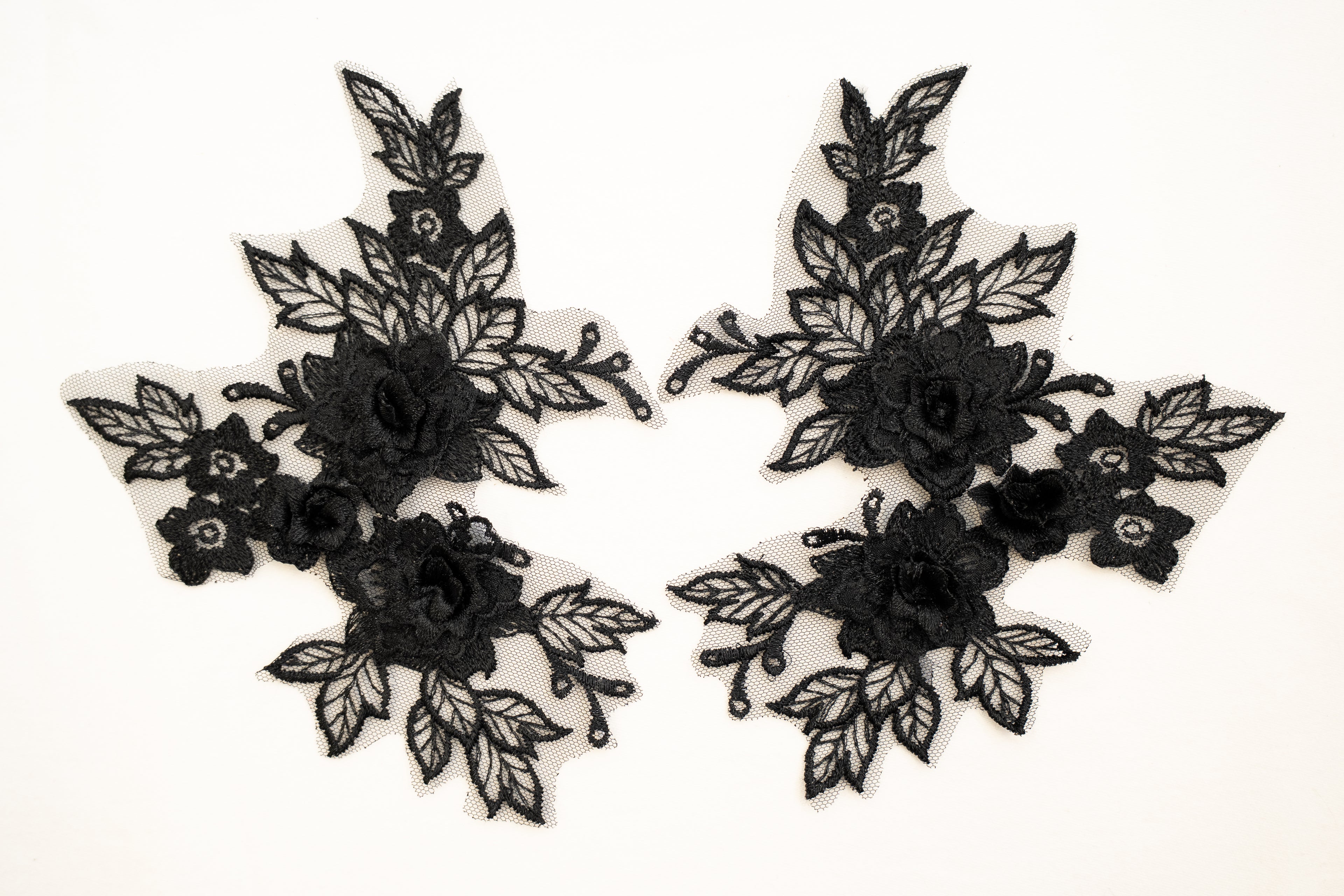 Mia 3D Floral Lace Embroidery Applique CM19x14 Black Pair