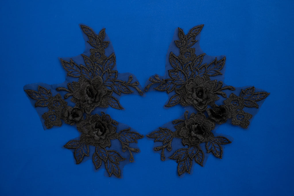 Mia 3D Floral Lace Embroidery Applique CM19x14 Black Pair