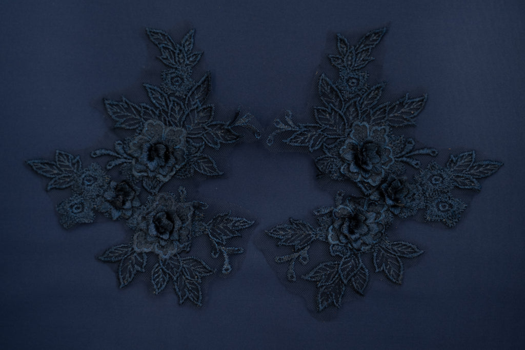 Mia 3D Floral Lace Embroidery Applique CM19x14 Dark Blue Pair