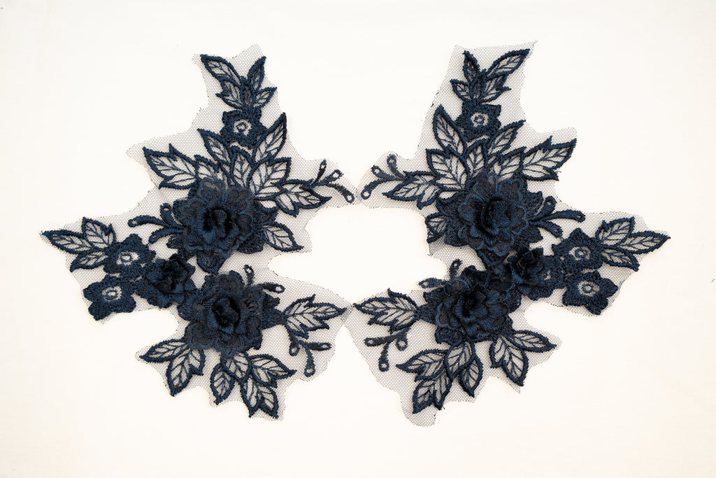 Mia 3D Floral Lace Embroidery Applique CM19x14 Dark Blue Pair