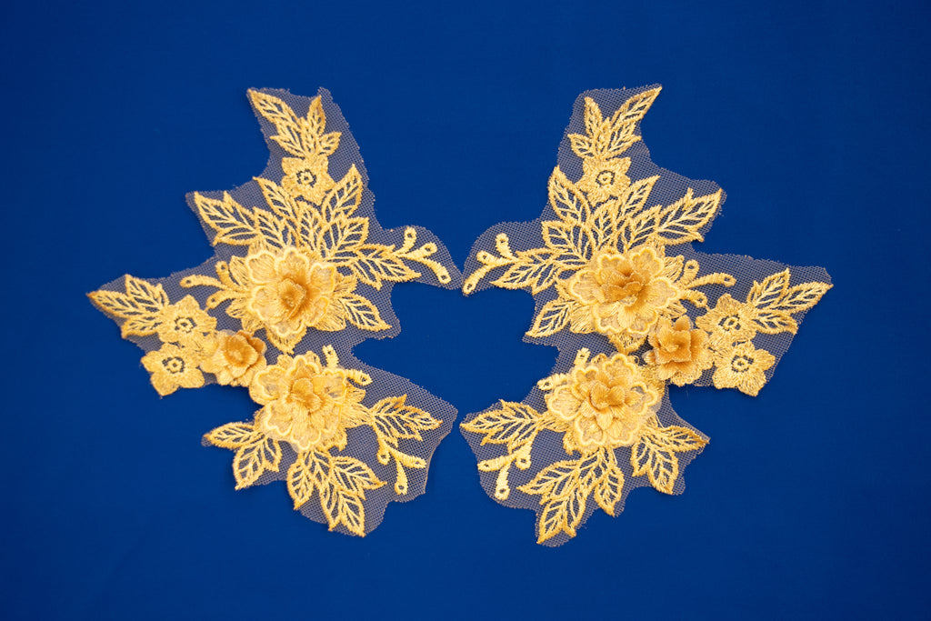 Mia 3D Floral Lace Embroidery Applique CM19x14 Gold Pair