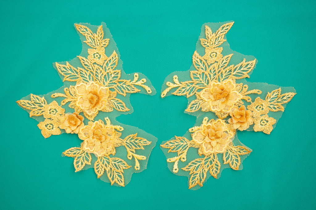 Mia 3D Floral Lace Embroidery Applique CM19x14 Gold Pair