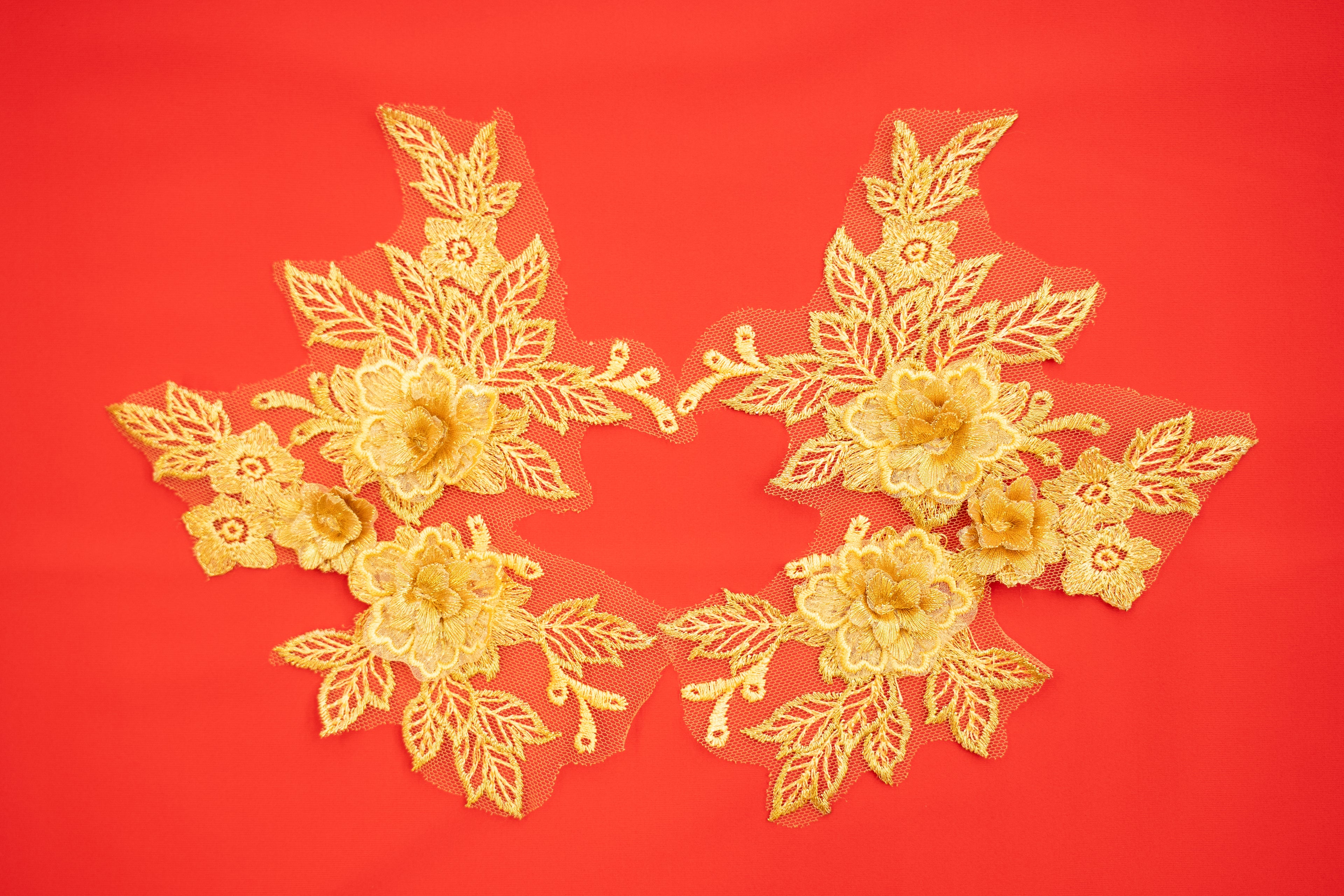 Mia 3D Floral Lace Embroidery Applique CM19x14 Gold Pair