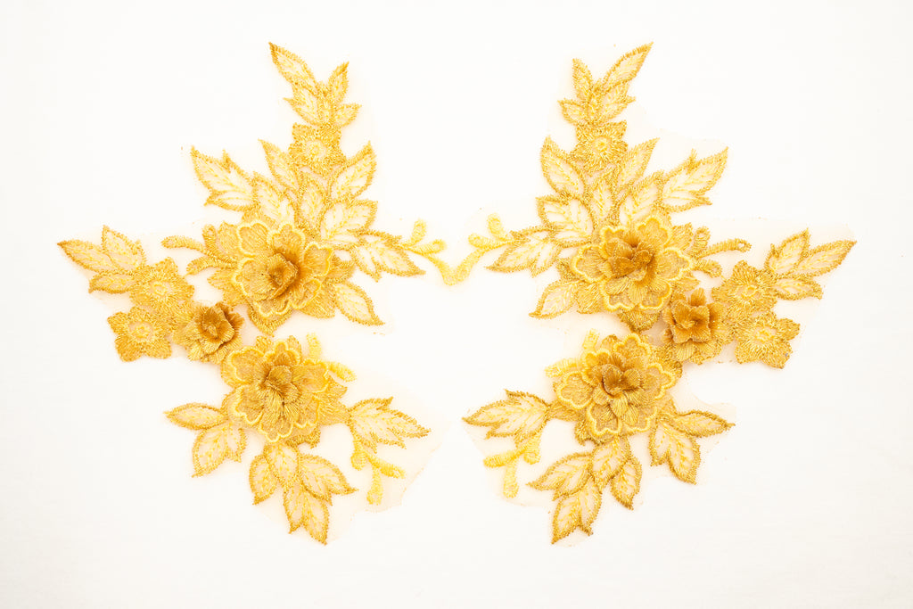 Mia 3D Floral Lace Embroidery Applique CM19x14 Gold Pair