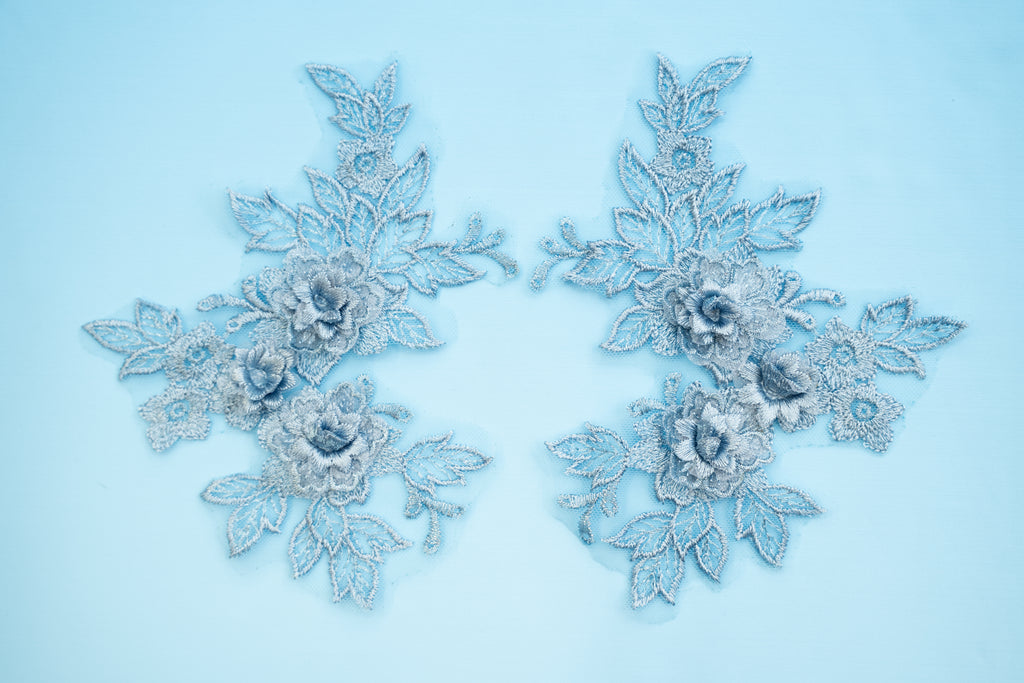 Mia 3D Floral Lace Embroidery Applique CM19x14 Light Sapphire Pair