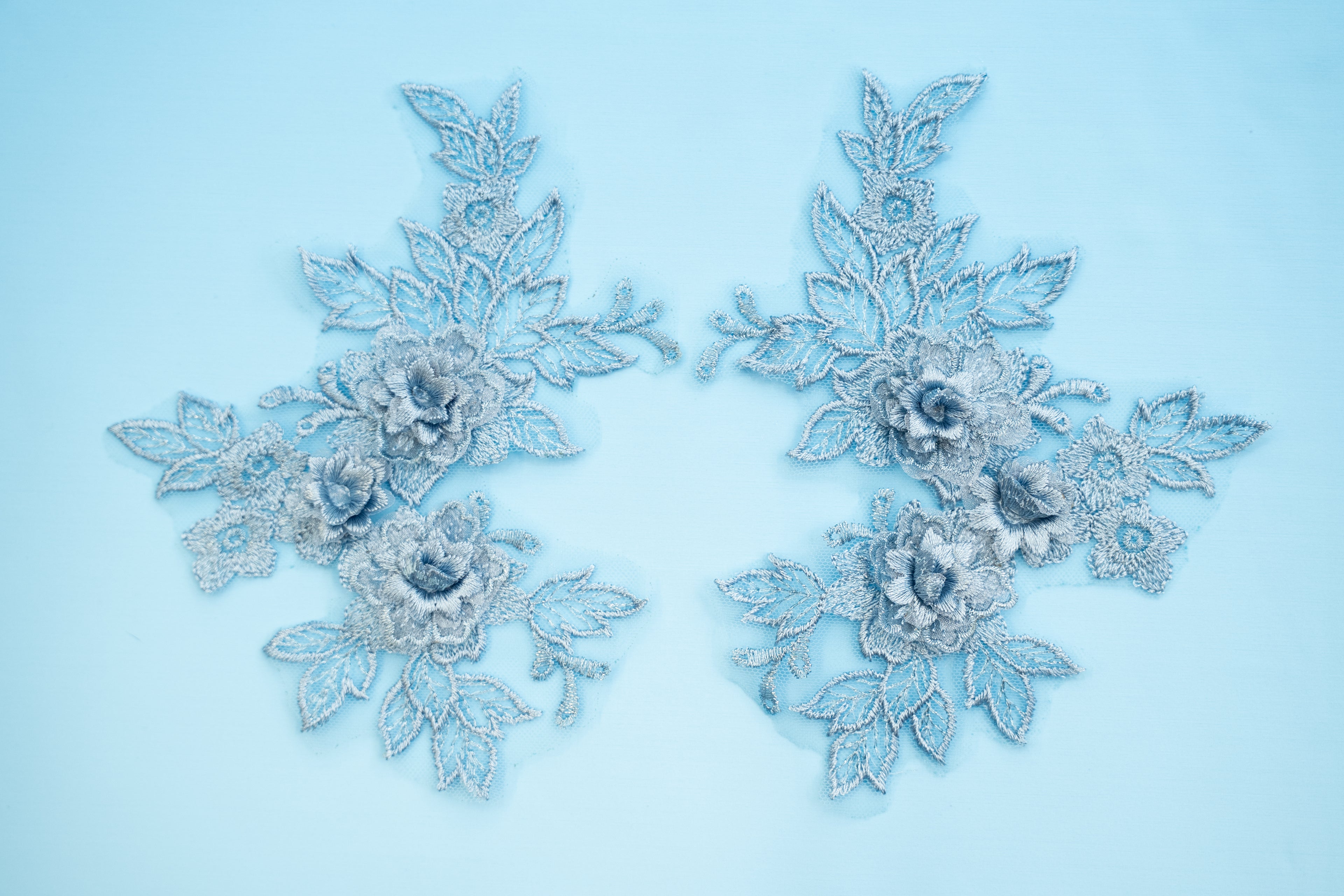 Mia 3D Floral Lace Embroidery Applique CM19x14 Light Sapphire Pair