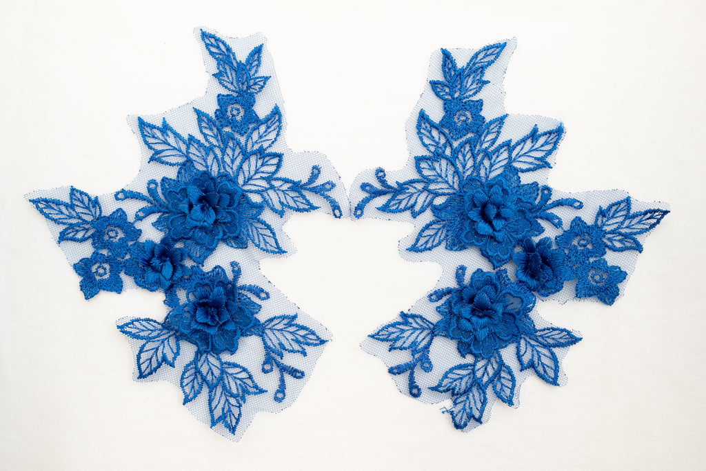 Mia 3D Floral Lace Embroidery Applique CM19x14 Sapphire Pair