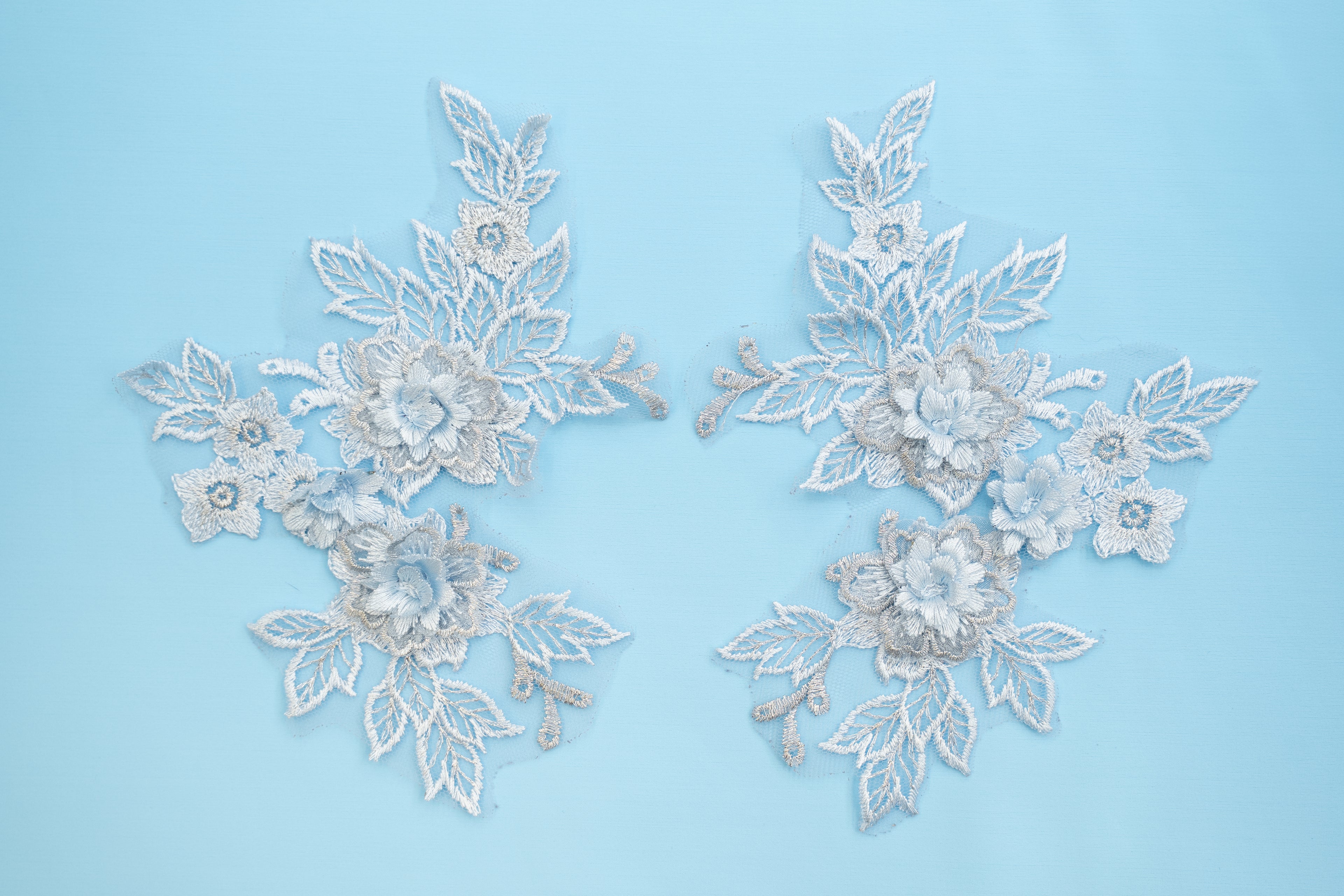 Mia 3D Floral Lace Embroidery Applique CM19x14 Silvery Blue Pair