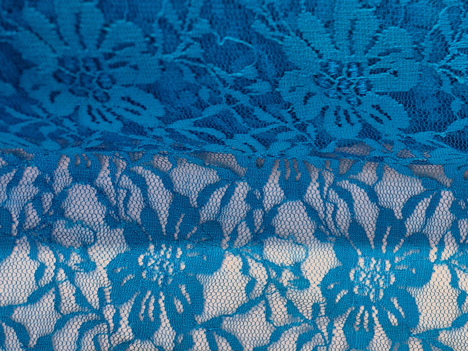 Stretch Lace Garden Flower Capri Blue $/foot