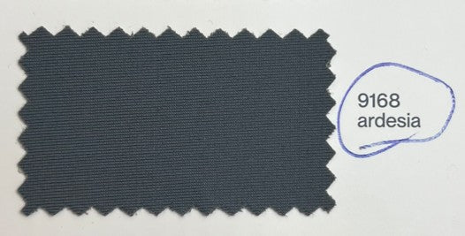 A fabric color swatch labeled '9168 ardesia' on a white background, showing a dark charcoal gray woven textile with serrated edges.
