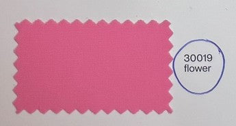 A pink fabric color swatch with scalloped edges on a white background, next to a blue circular label reading '30019 flower'.