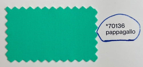A green fabric color swatch with a serrated edge on a white background, next to a blue-outlined label reading '*70136 pappagallo'.