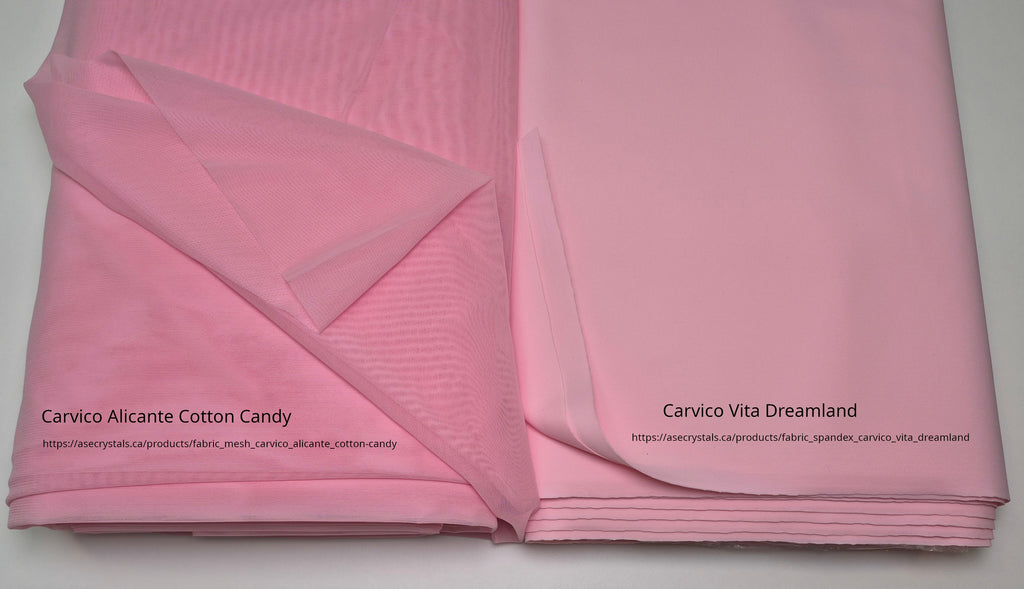 Pink fabric with 'Carvico Alicante Cotton Candy' and 'Carvico Vita Dreamland' labels on a white background