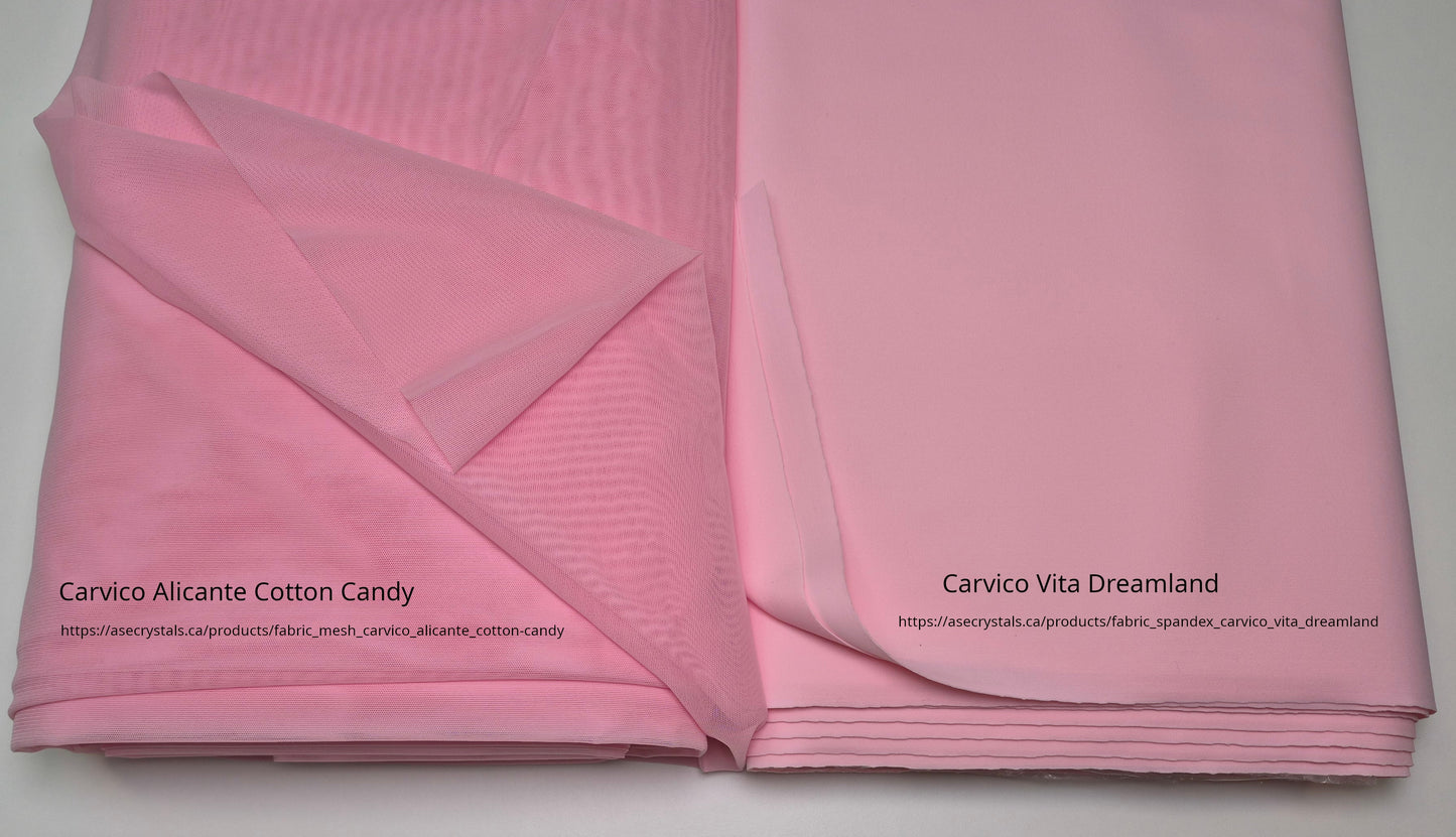 Pink fabric with 'Carvico Alicante Cotton Candy' and 'Carvico Vita Dreamland' labels on a white background