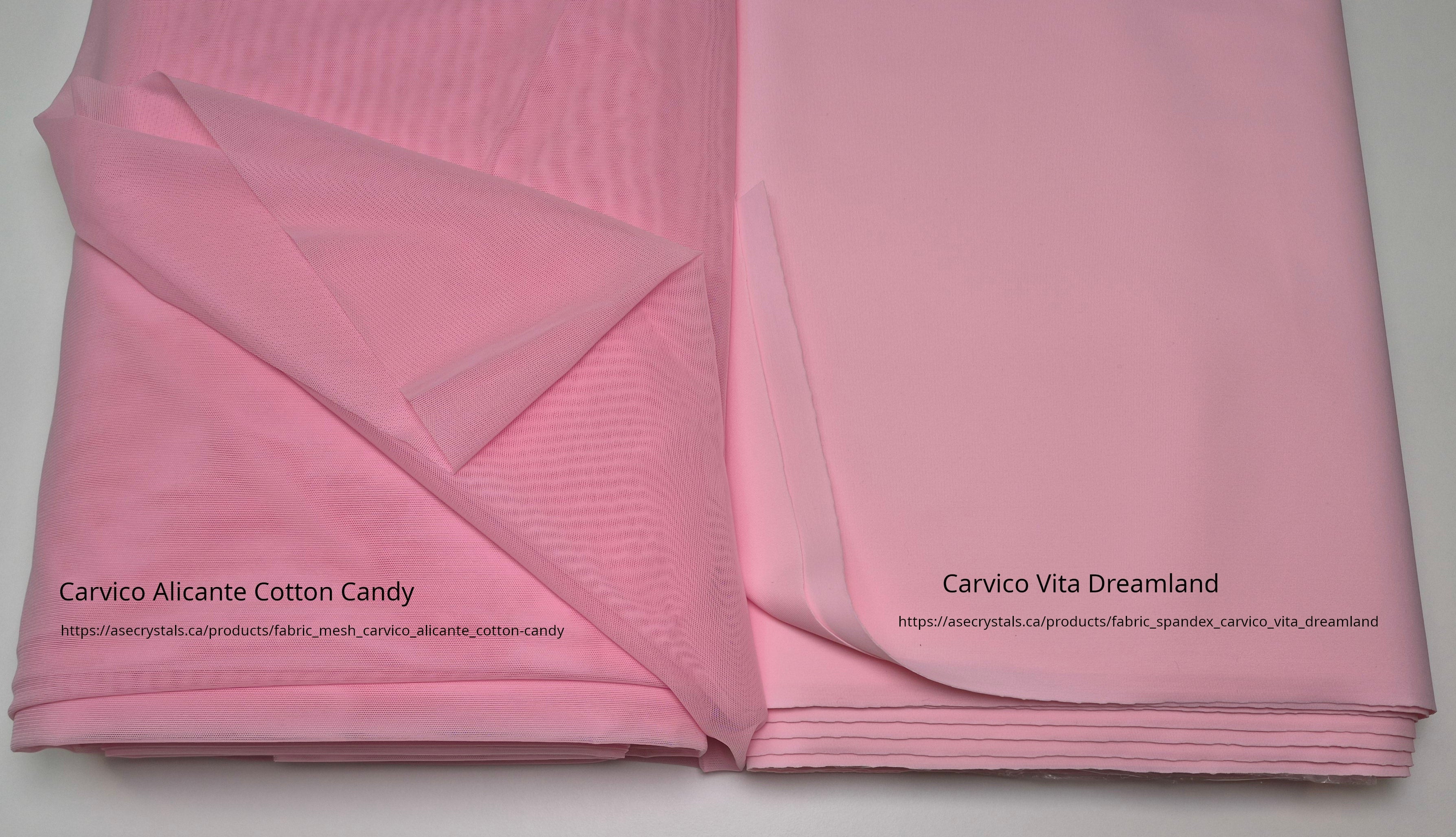 Pink fabric with 'Carvico Alicante Cotton Candy' and 'Carvico Vita Dreamland' labels on a white background