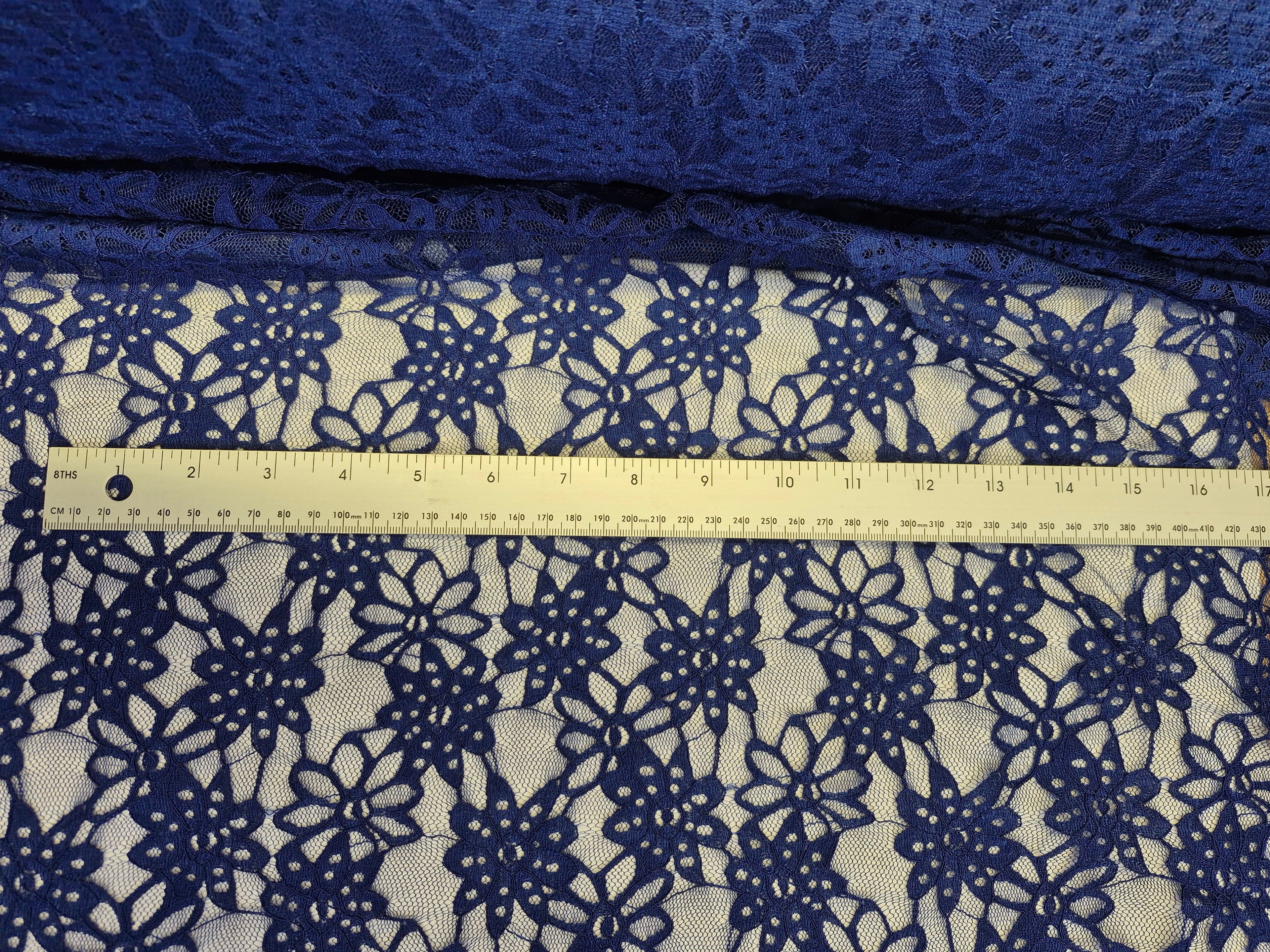 Stretch Lace Sunflower Dark Blue $/foot