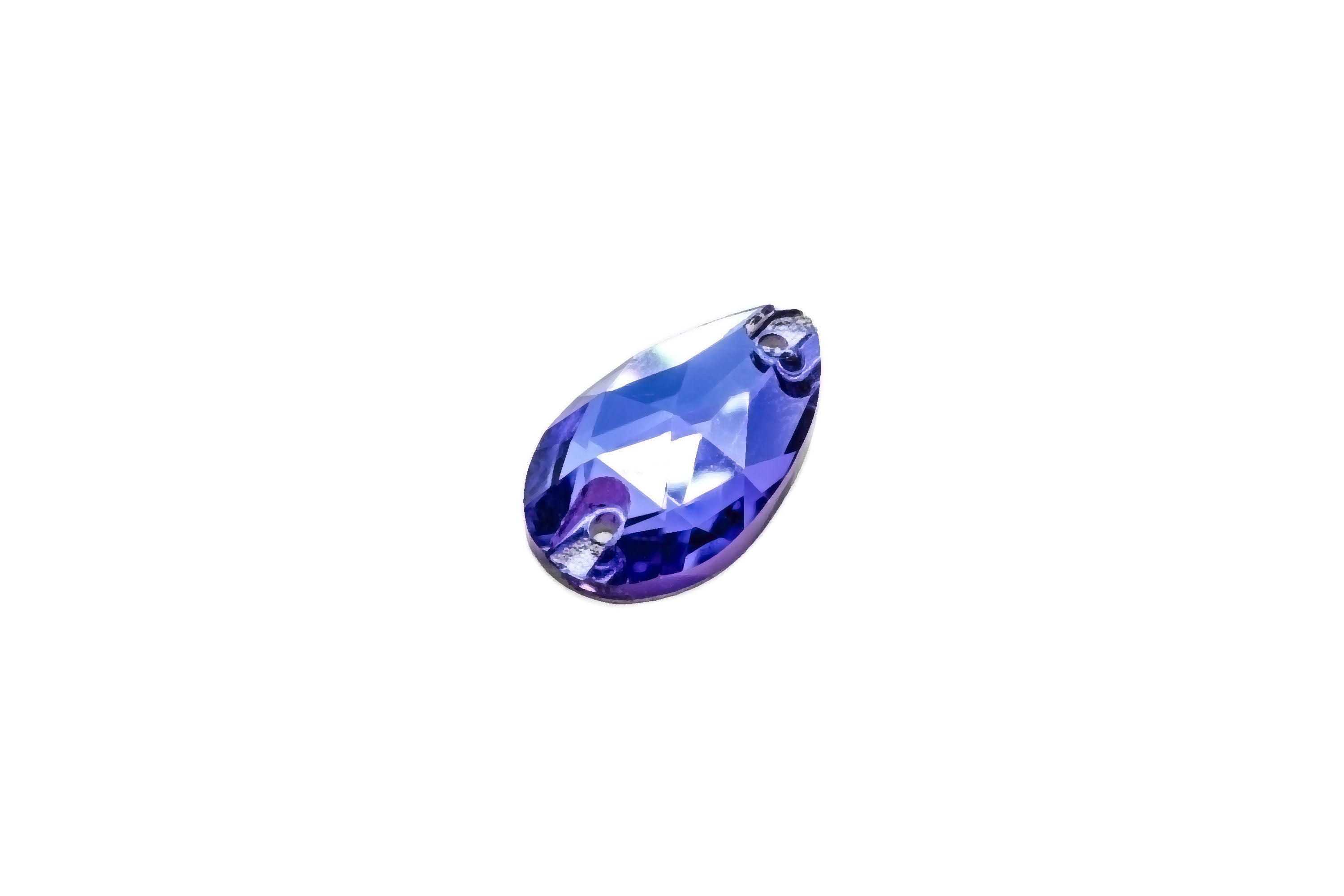 A single capri blue tear-drop shaped flat back sew-on rhinestone.