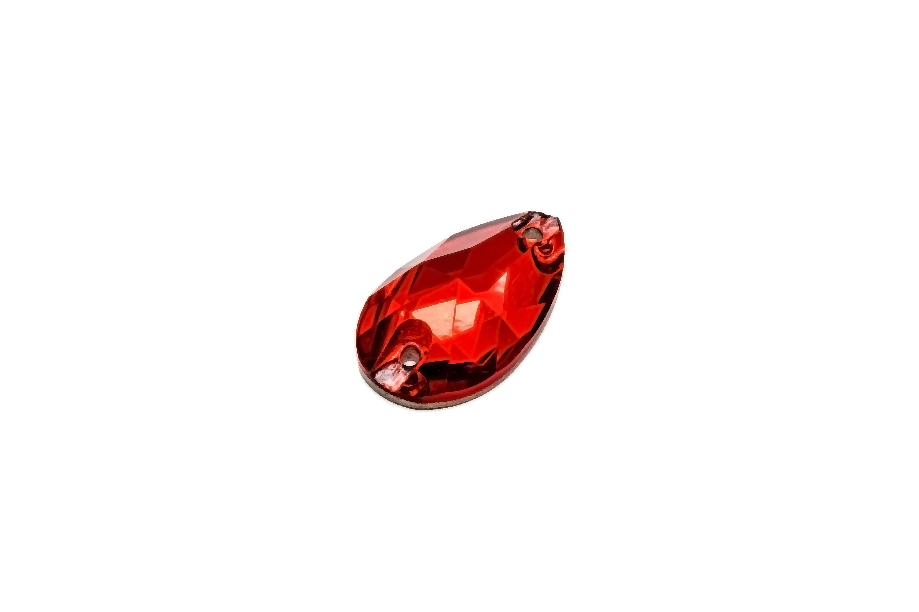 A single red, tear-drop shaped, sew-on rhinestone.