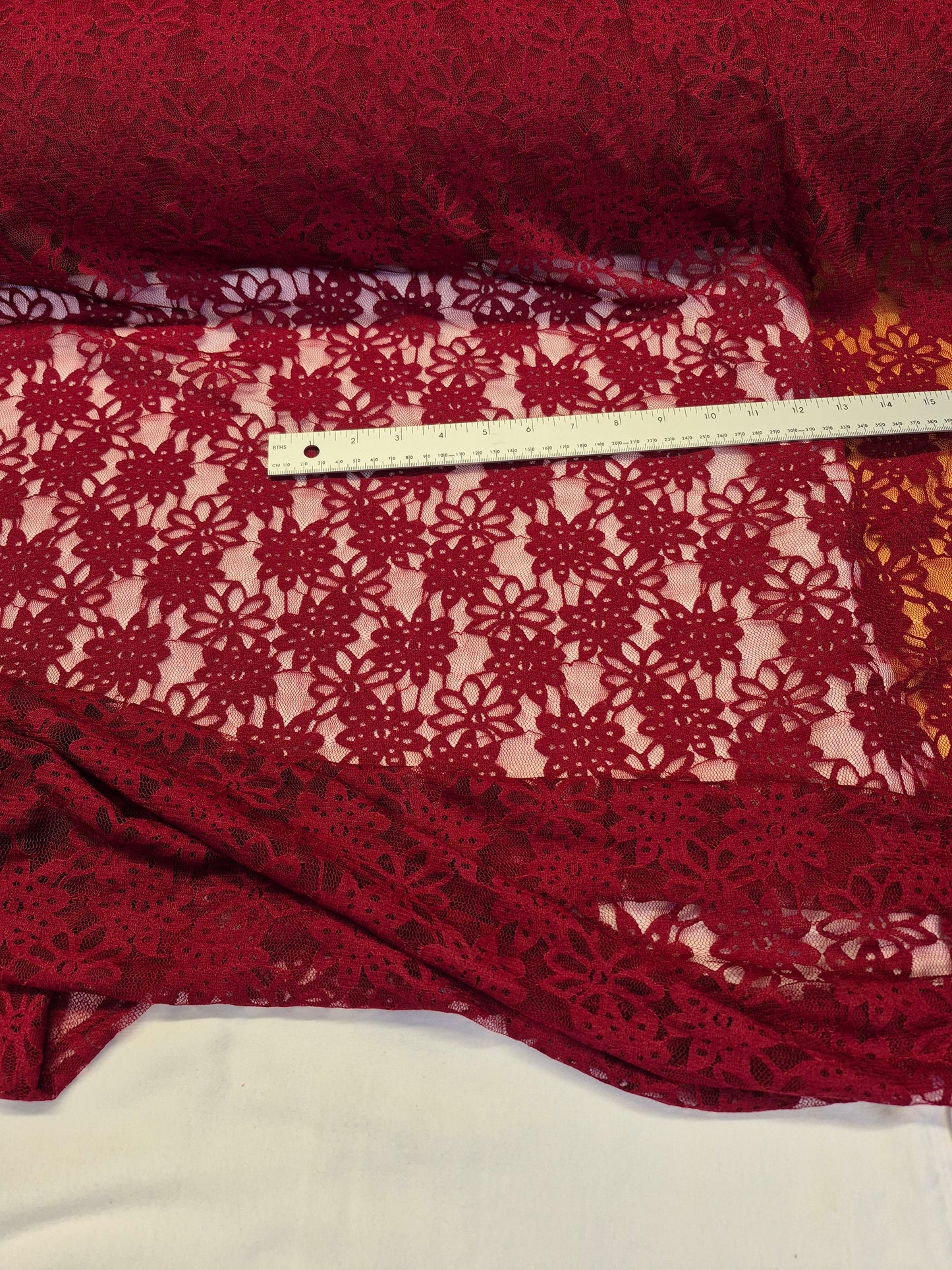 Stretch Lace Sunflower Wine Red $/foot