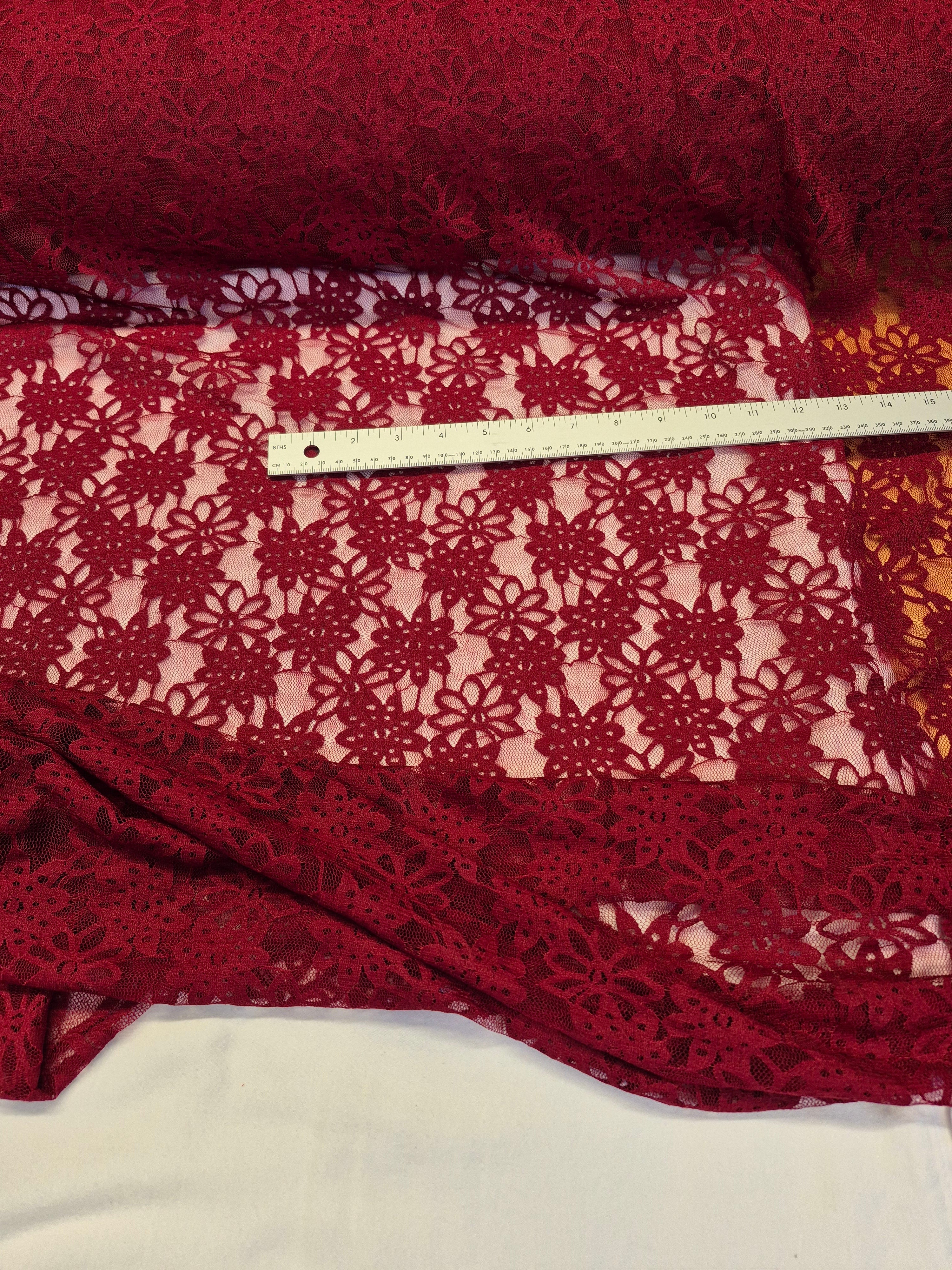 Stretch Lace Sunflower Wine Red $/foot