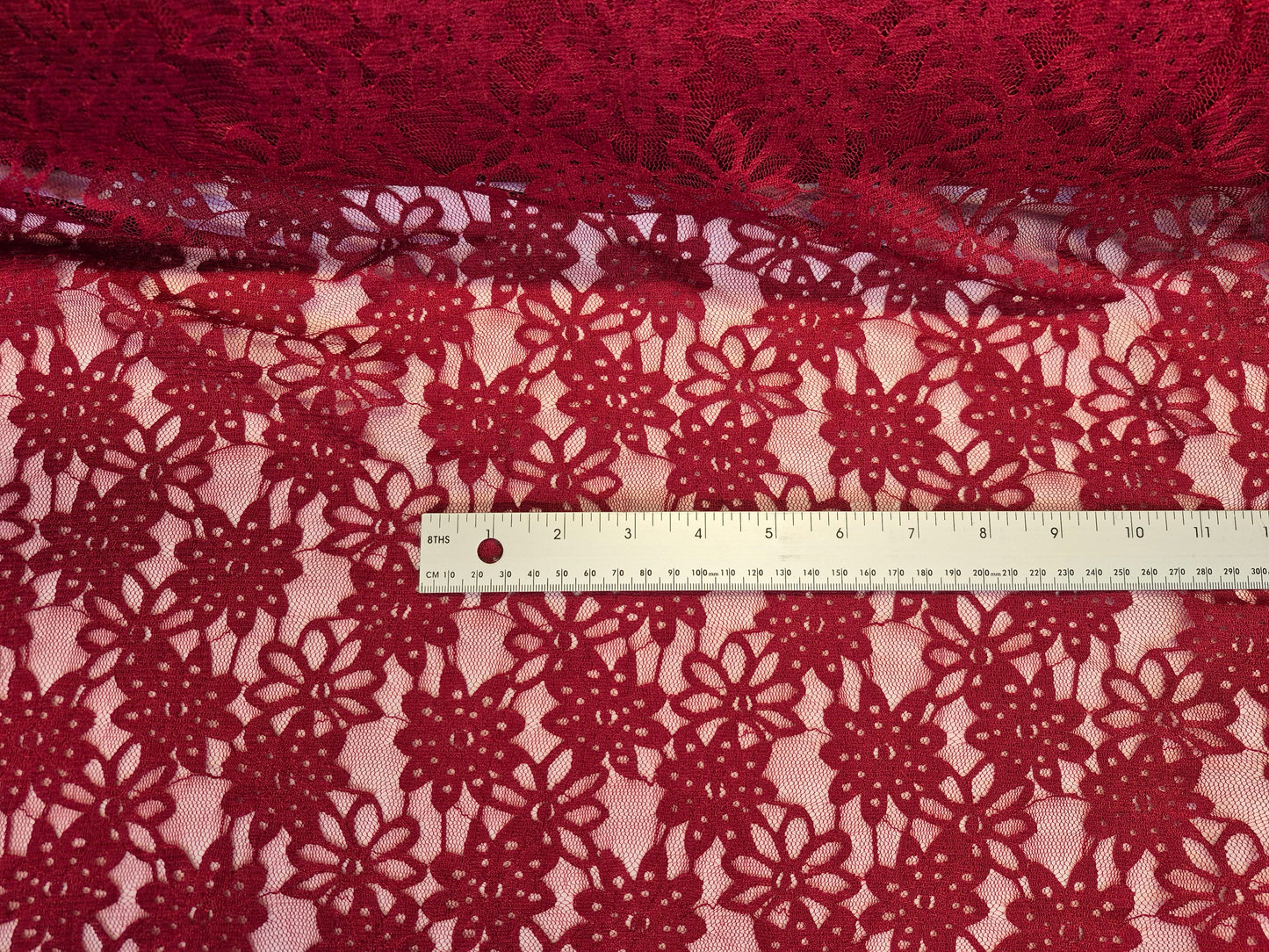 Stretch Lace Sunflower Wine Red $/foot