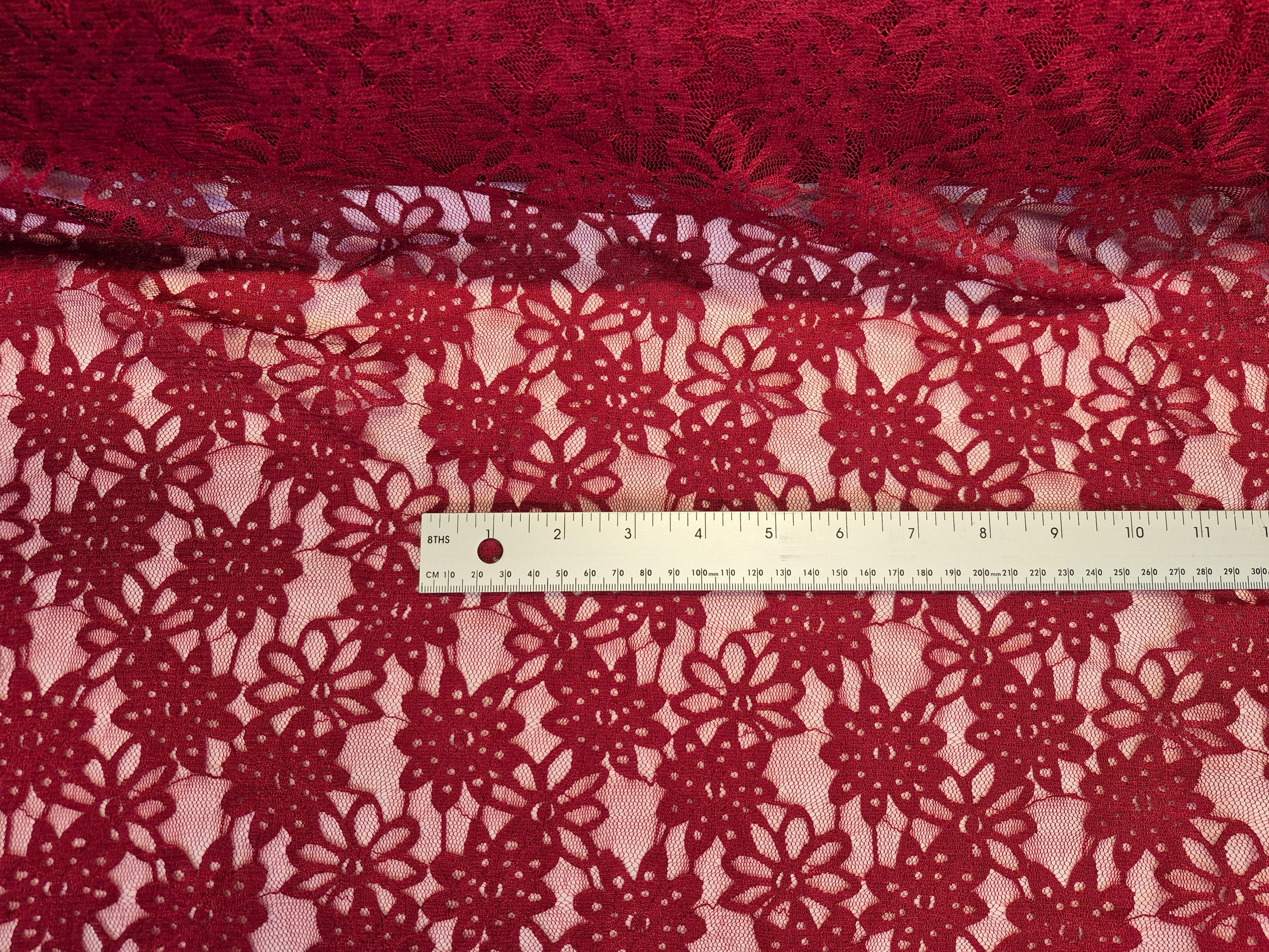 Stretch Lace Sunflower Wine Red $/foot